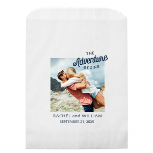 Send guests off with memories in the Adventure Begins Custom Photo Wedding Bag, where your chosen photo sets the stage for new horizons. 'The Adventure Begins' crowns your image, with names and date below, inviting loved ones to share in your journey.