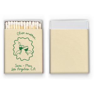 Keep the good times coming with the Olive Another Cheers Matchbox. Featuring a hand-drawn pair of glasses cheersing within a ribbon frame, the design is fully customizable in your choice of text and foil stamp colors to best match your party's aesthetic.