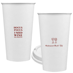 The Hocus Pocus Focus Cup is the ideal custom Halloween party accessory.  Featuring the phrase "hocus pocus I need candy to focus" and a modern and minimal graphic of wine glasses, you can personalize with your name, and the year. This chic Halloween accessory will be a hit at your autumnal events. 