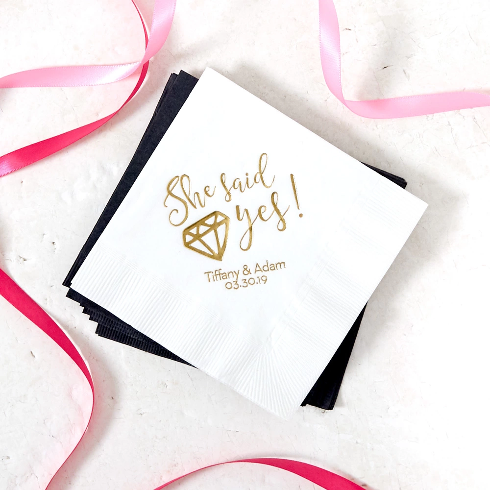 custom She Said Yes wedding cocktail napkin