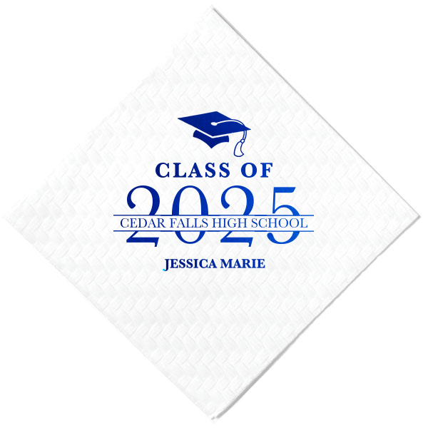 Celebrate graduation in style with the Graduation School Name Banner Napkin! It’s a vibrant celebration on a napkin, boasting a flying graduation cap, the class year in big, bold letters, and the school's name on a striking banner. The graduate's name, proudly displayed below, completes this festive keepsake.