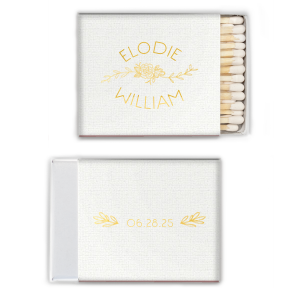 The Peony Garden Floral Name Wedding Match marries elegance with botanical beauty. The front gracefully showcases the couple's names in all caps, arched above and below a central flourish featuring a detailed Peony, symbolizing a happy marriage. The back, adorned with the date and flanked by delicate boughs, completes this refined design.