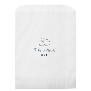 Send your guests home with a smile using the LoafIng Cat Favor Bag, perfect for weddings or birthday parties. This adorable bag showcases a sitting cat with its legs tucked, and the inviting words "Take a Treat" in a graceful script. Personalize with your name or the couple's initials for a sweet parting gift.