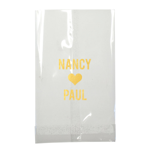 Celebrate a union with the Heart-Linked Names Gift Bag, a charming token for guests. This design boldly features a couple's names in all caps, intimately linked by a solid heart, symbolizing their love. The straightforward yet profound design is a perfect memento for guests to remember the special day by. Simple, elegant, and full of meaning, this bag is ideal for distributing wedding favors or treats.