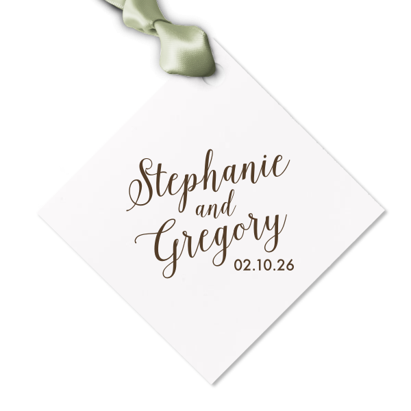 Add sophistication to your event with the personalized Elegant Script Names Letterpress Gift Tag. Ideal for luxurious weddings and other events.