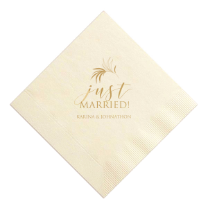 Our beautiful custom Ivory Cocktail Napkin with Satin 18 Kt. Gold Foil has a Fern Single graphic and is good for use in Outdoors, Floral, Organic themed parties and will impress guests like no other. Make this party unforgettable.