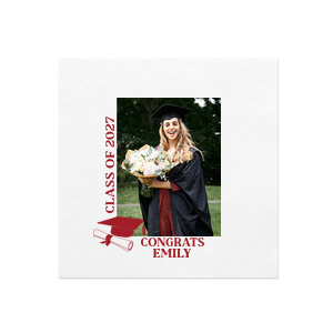 Celebrate your grad's achievement with the Grad Cap & Diploma Custom Photo Napkin, showcasing a cherished photo of the graduate, their name, and graduation year. This custom photo napkin, adorned with a cap and diploma graphic, is a keepsake that will be treasured for years.