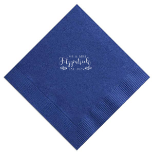 ForYourParty's personalized Royal Blue Cocktail Napkin with Matte White Foil Color has a HandWreathRSVP graphic and is good for use in Lovely Press themed parties and will make your guests swoon. Personalize your party's theme today.