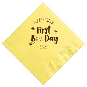 Take care of any sticky situations at your with the First Bee Day Birthday Napkin. Easily customize the text for a the stylish yet highly functional party napkin for your little one's next big day!