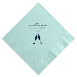 Our personalized Aqua Cocktail Napkin with Matte Navy Foil Color has a Flutes 2 graphic and is good for use in Drinks, Wedding, Holiday themed parties and will impress guests like no other. Make this party unforgettable.