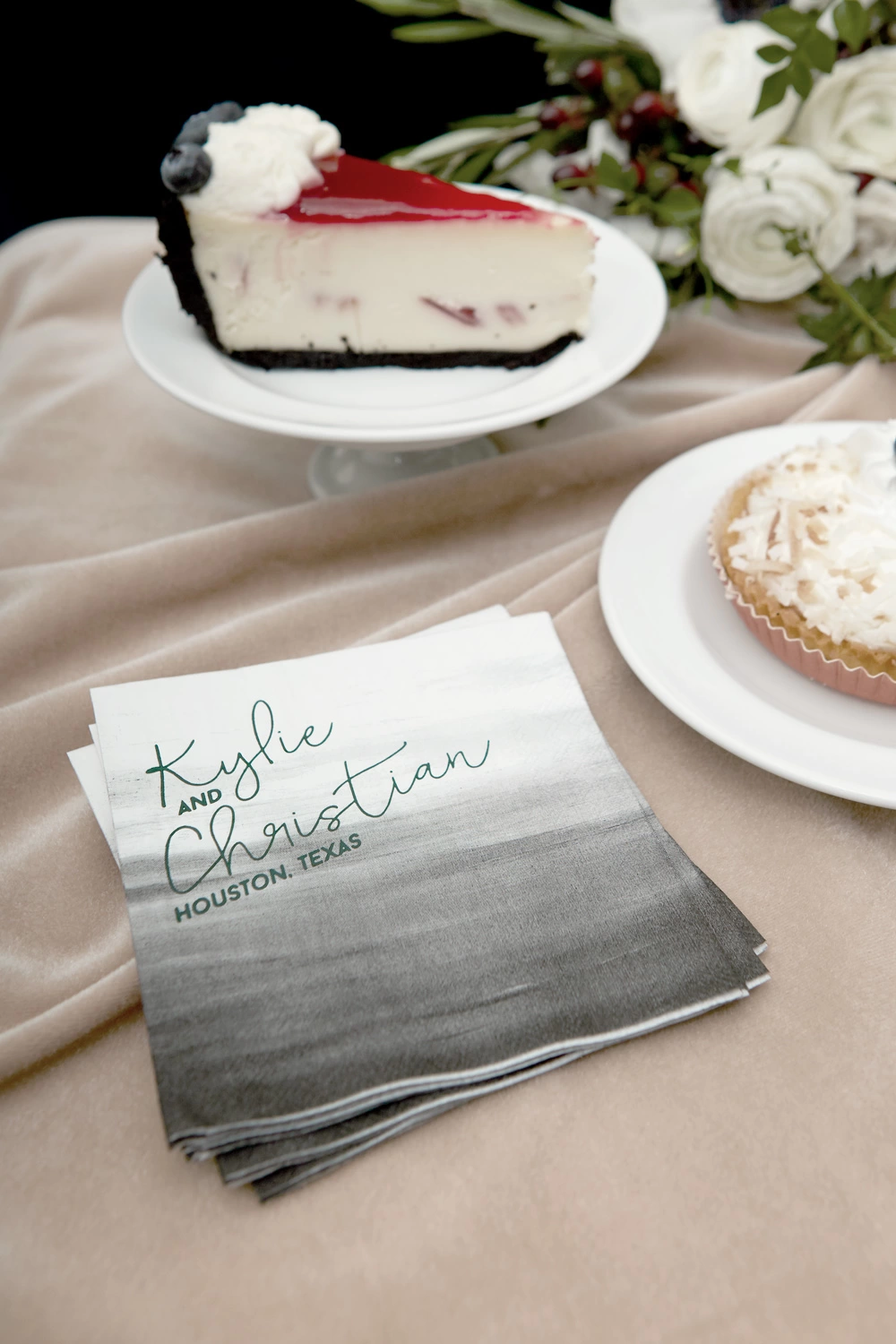 custom ombre cocktail wedding napkin on velvet tablecloth