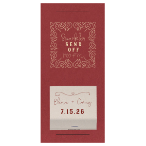 Illuminate your grand exit with the Floral Frame Sparkler Sleeve with Matchbook sleeve, where elegant swirls frame the moment of sparkle. 'Sparkler Send Off' in a mix of script and bold text announces the time, while the attached matchbook, adorned with a flourish and heart, ignites the path to happily ever after.