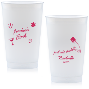 Add a splash of fun to the festivities with the Sassy Spirits Bachelorette Cup, personalized with the bride-to-be's name in script, and adorned with playful symbols like "XOXO," a martini glass, and a smiley face. The flip side's "Just add alcohol" mantra and hand line drawing, customizable with your party's location and date, promise a night of merriment and memories.