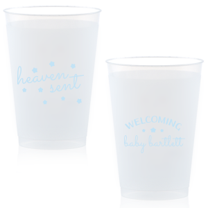 Sip from the stars with the Heaven Sent Baby Shower Cup. "Heaven Sent" and stars dazzle on the front, symbolizing that perfect gift from above. The reverse warmly welcomes the baby's arrival with their name surrounded by stars, making each sip an ethereal celebration of joy!