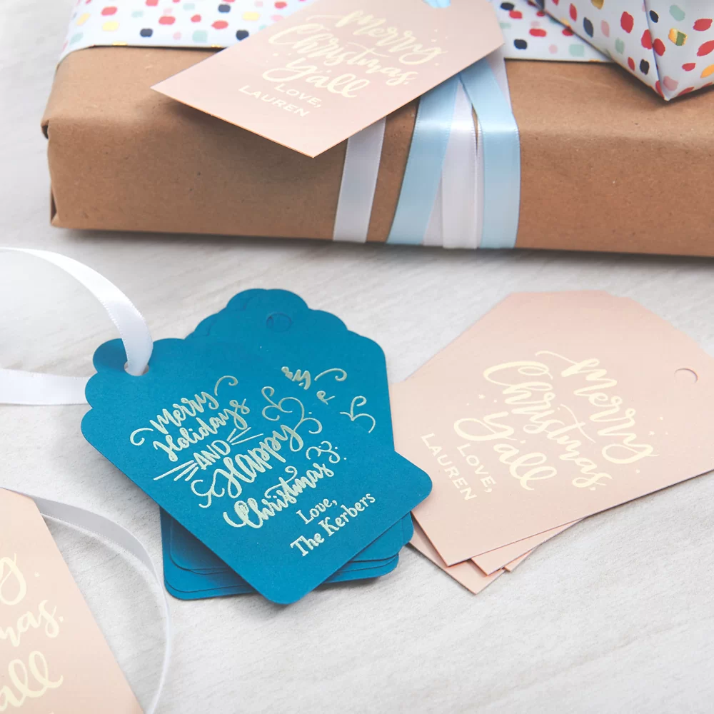 custom designed gift tags on Christmas gifts
