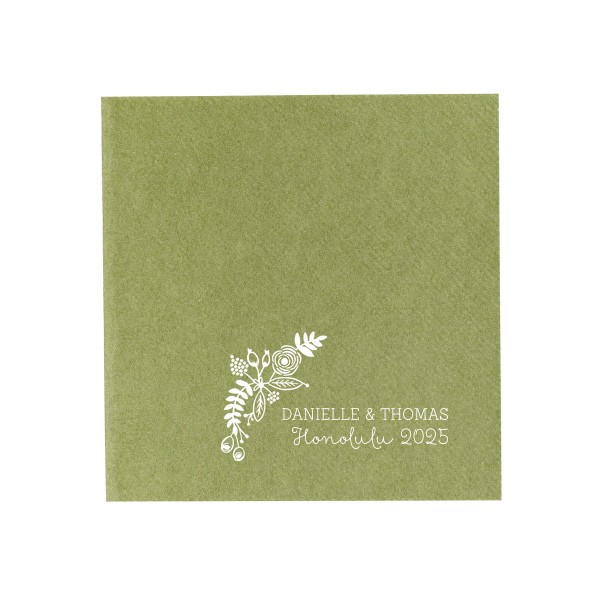 ForYourParty's chic Kiwi Cocktail Napkin with Matte White Foil has a Rustic Floral Accent graphic and is good for use in Floral themed parties and are a must-have for your next event—whatever the celebration!