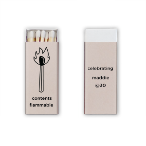 If you are throwing a birthday party and looking for a custom, trendy, and minimalist party favor, Minimalist Birthday Matches are for you! Featuring a hand drawn graphic of a lit match, this modern party favor will be beloved by your guests. 