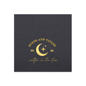 Set a celestial stage for your nuptials with the Celestial Matrimony Napkin, displaying the couple's names arched above a moon and stars, framed by the wedding date, and finished with the romantic phrase "Written in the Stars." A heavenly touch for your star-crossed celebration.