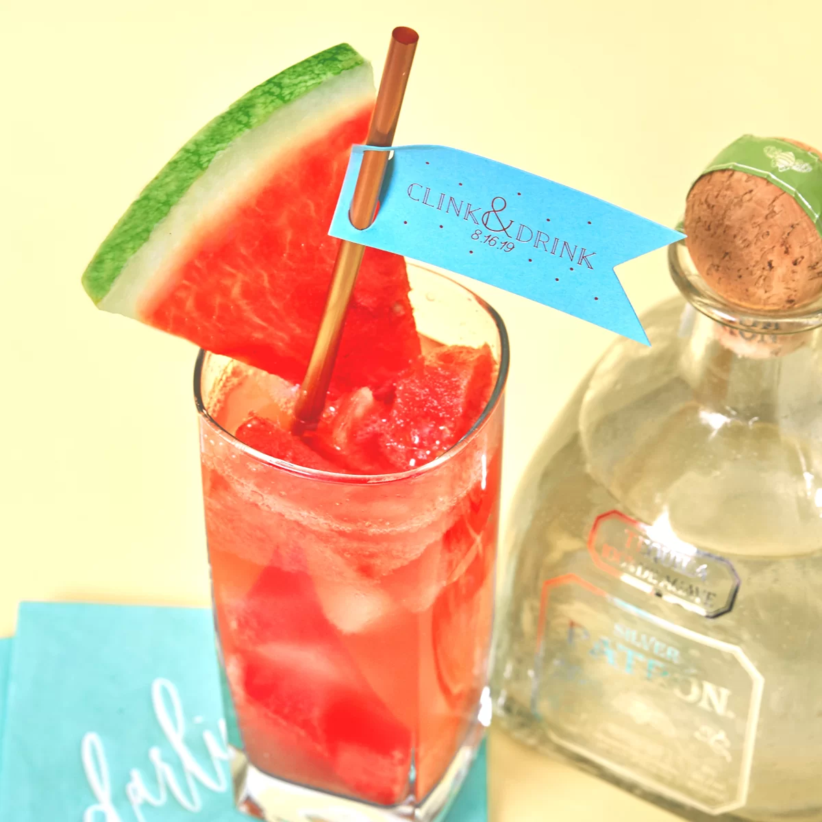 Watermelon Guava Margarita cocktail recipe with personalized straw tag