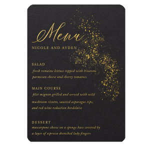 Custom Stardream Navy Circle Menu with Shiny 18 Kt Gold Foil has a Galaxy Dust graphic and is good for use in Organic, Stars themed parties and will add that special attention to detail that cannot be overlooked.