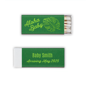 Welcome new beginnings with the Aloha Baby Matchbox. Perfect for island-loving parents-to-be, it combines palm graphics on one side with joyful baby news on the reverse. Ideal for baby showers, this enchanting design whispers tropical warmth and excitement for your little one’s arrival.