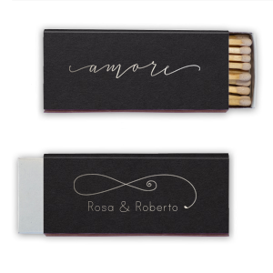 Custom Natural Black Candle Matchbox with Shiny Sterling Silver Foil Color has a Amore graphic and a Fancy Flourish 3 graphic and is good for use in Accents themed parties and can be personalized to match your party's exact theme and tempo.