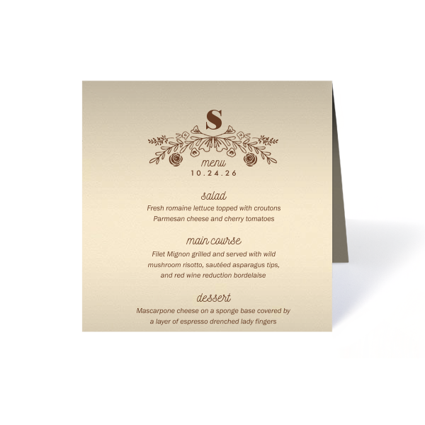 Present a feast for the eyes with the Rose Laurel Menu, crowned by an arch of hand-drawn blooms and foliage. Thirteen lines await your gourmet selections, framing each course with an air of elegance befitting the finest gatherings.