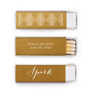 Ignite memories with the Romantic Spark Matchbox, a symbol of love's bright beginning. The front features "Spark" in a playful script, evoking the vibrant energy of a great relationship. On the back, the couple's names in bold block letters and the event date complete this simple yet striking keepsake, perfect for commemorating the day love ignited.