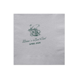 Set sail for matrimonial life with the Fishing Retreat Bachelor Party Napkin, embellished with a scenic graphic of a lone fisherman in a boat. Below, the bachelor's name is penned in a vintage inspired script, with the phrase "Last Cast" and the date of the event in a neat serif font, crafting the perfect vintage vibe for a pre-wedding celebration.