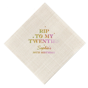 Commemorate a milestone birthday with the New Decade Starburst Napkin, personalized with the honoree's name and the dawn of a new era. Featuring "RIP to my twenties" or your custom age farewell, this napkin is sprinkled with celebratory stars, perfect for commemorating the next fabulous decade.