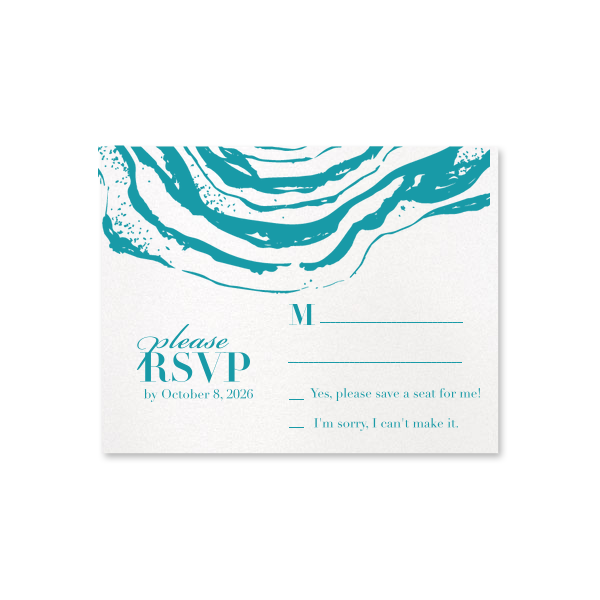 ForYourParty's personalized Stardream Crystal White Foil Stamped RSVP Card with Matte Teal/Peacock Foil will look fabulous with your unique touch. Your guests will agree!