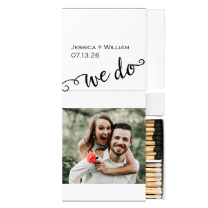 The ever-popular White Classic Custom Photo Matchbox with Matte Black Ink Digital Print Colors and Matte Fuchsia Ink Digital Print Colors has a We Do 3 graphic and is good for use in Wedding, Words themed parties and will add that special attention to detail that cannot be overlooked.