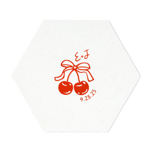 Pair your next special occasion with the Cherry Bow Initials Coaster! The two cherries are tied together by a bow, reflecting the partnership of you and your sweetheart. Customize the text to make it extra special at your next momentous occasion, be it an engagement, wedding, anniversary or any other celebration of love.