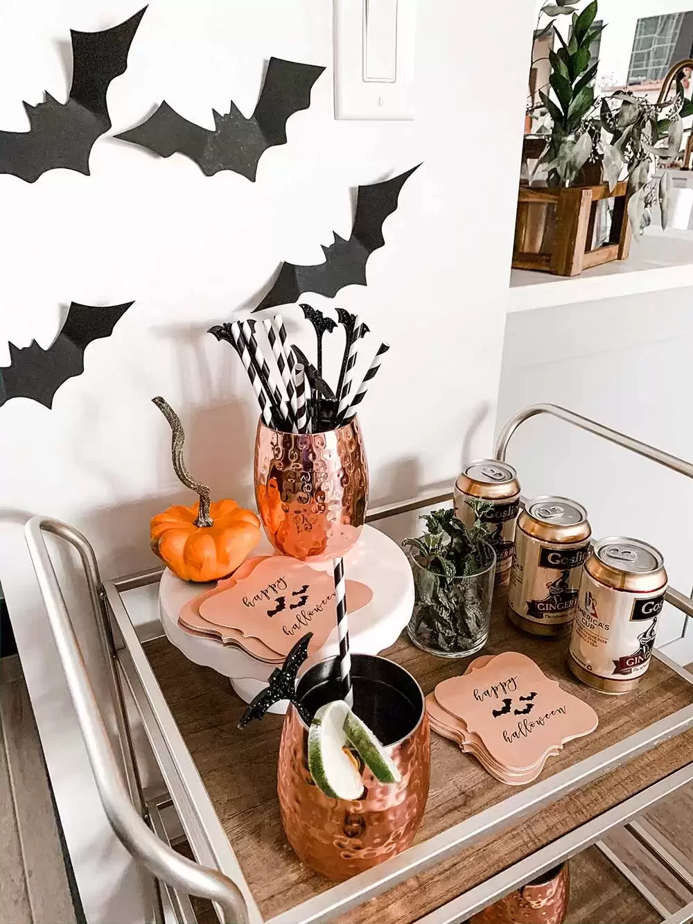 Halloween Themed Bar Cart with Custom Coasters and Paper Straws
