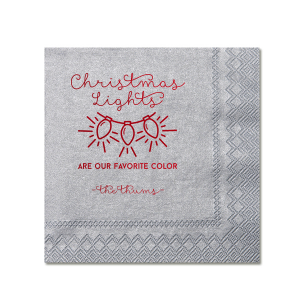 Illuminate your celebration with the Christmas Lights Holiday Napkin, twinkling with festive script and a charming light string. Embrace the glow with your family name, making every gathering shine with the color of holiday joy.