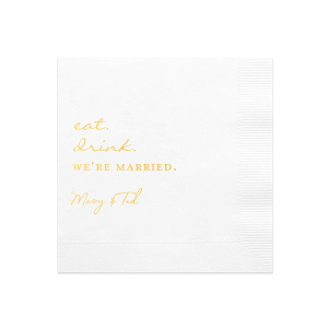The Eat Drink We're Married Script Name Wedding Napkin design presents a whimsical twist on a familiar saying. Featuring playful lowercase script, the message culminates in bold, all-caps "WE'RE MARRIED." Below, the couple's names in a handwritten-style script add a personal touch to this fun, memorable design.