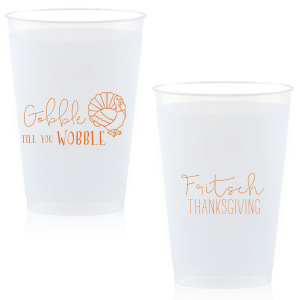 The ever-popular Matte Tangerine Ink 16 oz Frost Flex Cup with Matte Tangerine Ink Print Color has a Live Turkey graphic and is good for use in Holiday, Thanksgiving themed parties and can't be beat. Showcase your style in every detail of your party's theme!