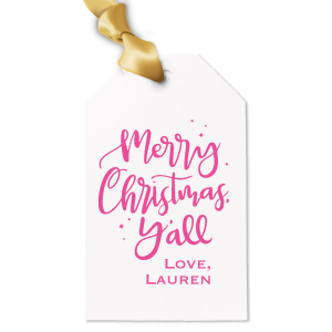 ForYourParty's chic Stardream Rose Gold Luggage Gift Tag with Matte Ivory Foil has a Merry Christmas Y'All graphic and is good for use in Christmas and Holiday themed parties and gift giving and can be personalized to match your exact theme and tempo.