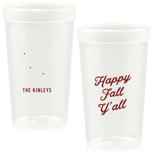 celebrate the autumn season with the Happy Fall Y'all Cup. Printed in your choice of cup style and ink color, make your family gatherings all the more personal this season.