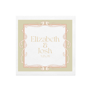Celebrate your next momentous occasion with the Art Nouveau Frame Full Color Cocktail Napkin. The beautiful ink printed design evokes the elegant arches and patterns of art nouveau movement, a timeless motif that is certain to be a centerpiece of your party. Perfect for weddings, engagements or retirements, the customizable text is available in a variety of colors to match the aesthetic of your next lifetime event. 