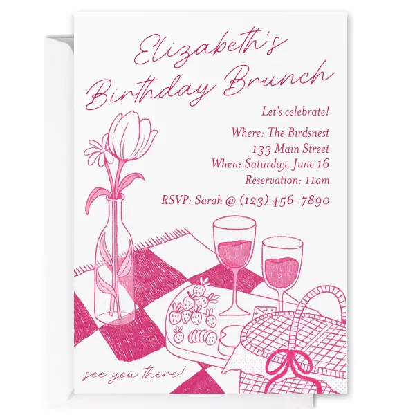 Make a colorful first impression with the Birthday Brunch Invitation. Featuring hand drawn artwork of a springtime picnic outing, the invitation is perfect for birthdays, bridal showers, housewarming and other such occasions. with easy customization options you are able to create a bespoke and welcoming invitation. 