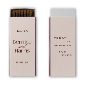 Show how everlasting your love is with the Today, Tomorrow, Forever Matchbox. Customize the matchbox with you and your sweetheart's names to create a bespoke design that exemplifies your commitment to one another. Featured in our Burgundy Wedding theme, match your special occasion with any number of stylish products to create a cohesive vision. 
