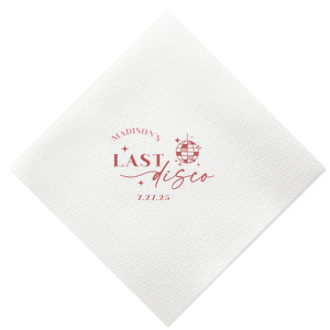 Celebrate the bride to be's last disco! This trendy disco themed bachelorette party is perfect for dancing the night away. Featuring a disco ball graphic, you can customize this napkin with a date and the name of the bride.