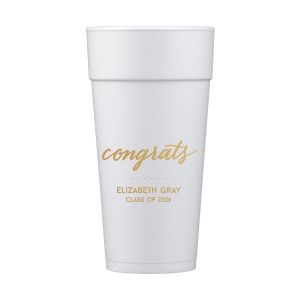 Our beautiful custom Gold Ink 20 oz Styrofoam Cup with Gold Ink Cup Ink Colors has a Congrats graphic and is good for use in Words, Hearts, Wedding themed parties and can be personalized to match your party's exact theme and tempo.