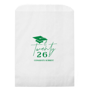 Honor the graduate's milestone with the Grad Script Cap Celebration Bag, elegantly personalized with the graduate's name and graduation year in flowing script, complemented by a classic graduation cap graphic. A chic and functional memento for any graduation festivity.