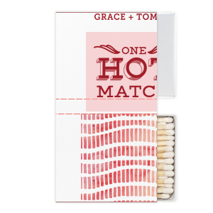Our beautiful custom White Classic Custom Photo Matchbox with Matte Blush Ink Digital Print Colors and Matte Red Berry Ink Digital Print Colors has a One Hot Match graphic and is good for use in Words, Wedding, Anniversary themed parties and are a must-have for your next event—whatever the celebration!