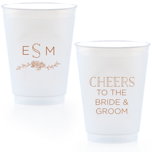 Personalize this cup for beautiful wedding barware that doubles as a party favor. Our Peony Accent and the embellished block font make the design perfect for a woodland or greenery themed wedding.
