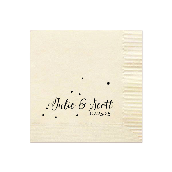 Our custom Ivory Guest Towel with Matte Black Foil can be personalized to match your party's exact theme and tempo.