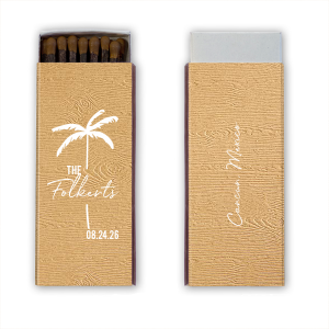 Your guests will be impressed by the tropical Palm Tree Wedding Matchbox at your next event! The wood textured paper gives it a natural feel that adds another touch of uniqueness to your keepsakes. Customize the text in your choice of fonts and colors to best match the vibe of your summertime bash.