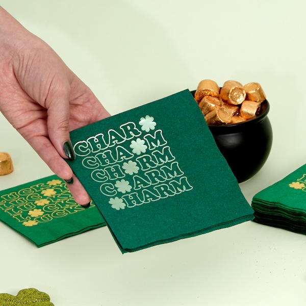 Green Napkin with Charm printed in silver